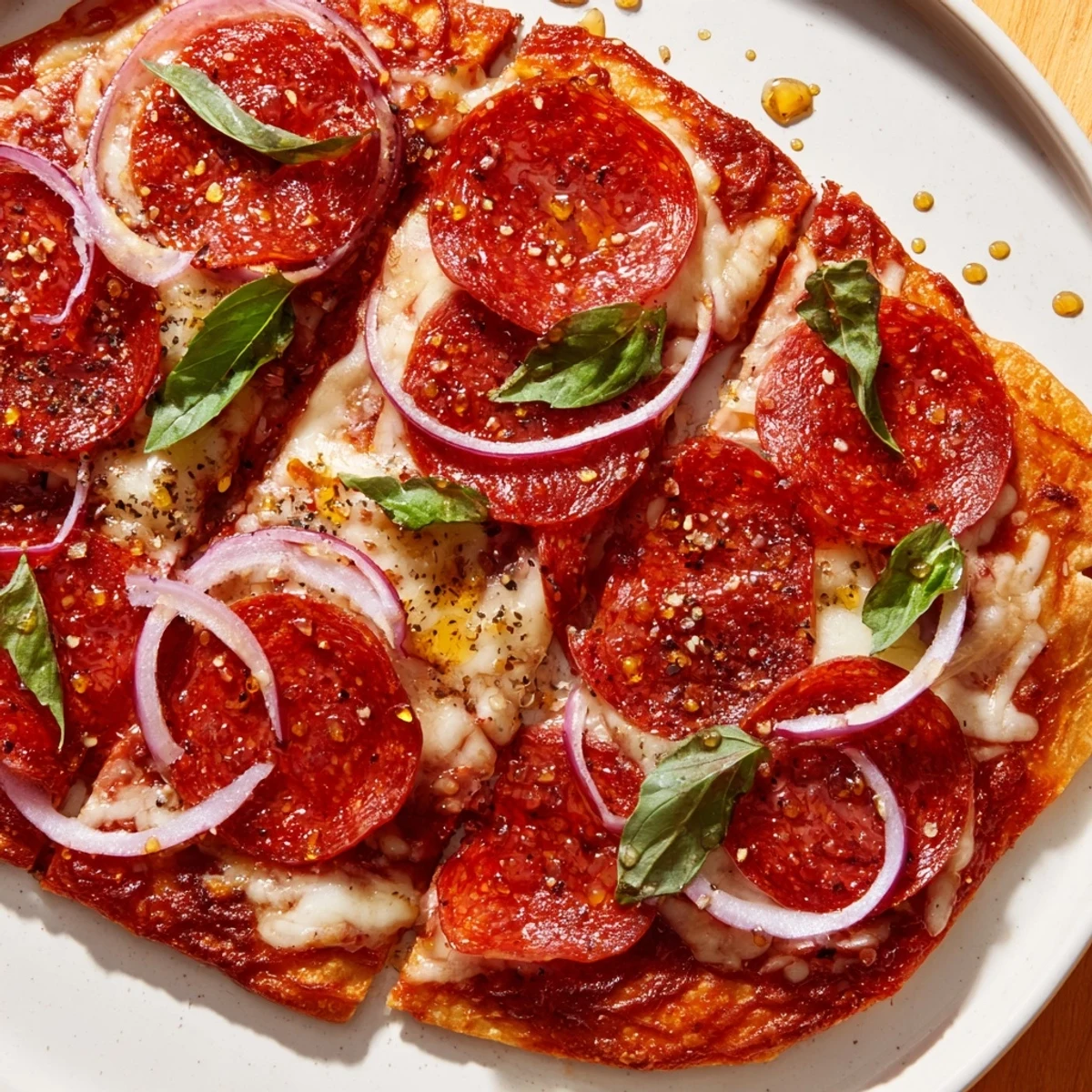 Freshly baked Hot Honey Pepperoni Flatbread with a drizzle of sweet and spicy hot honey, ready to serve.