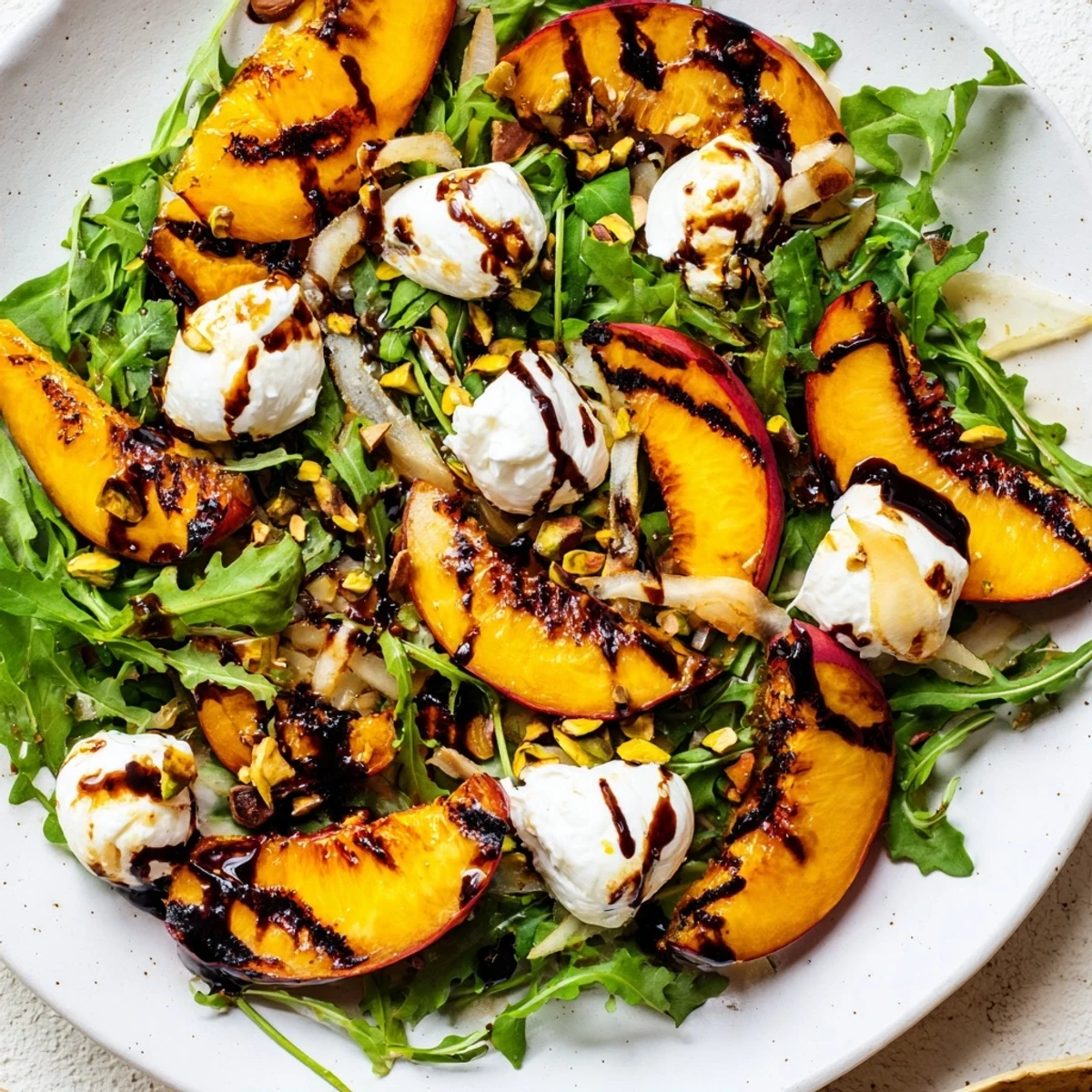 Sweet grilled peach salad with creamy burrata, a summer delight bursting with flavor.