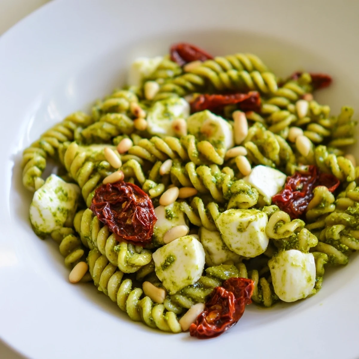 A bright photo shows Pesto Pasta Salad with sun-dried tomatoes and creamy mozzarella chunks.