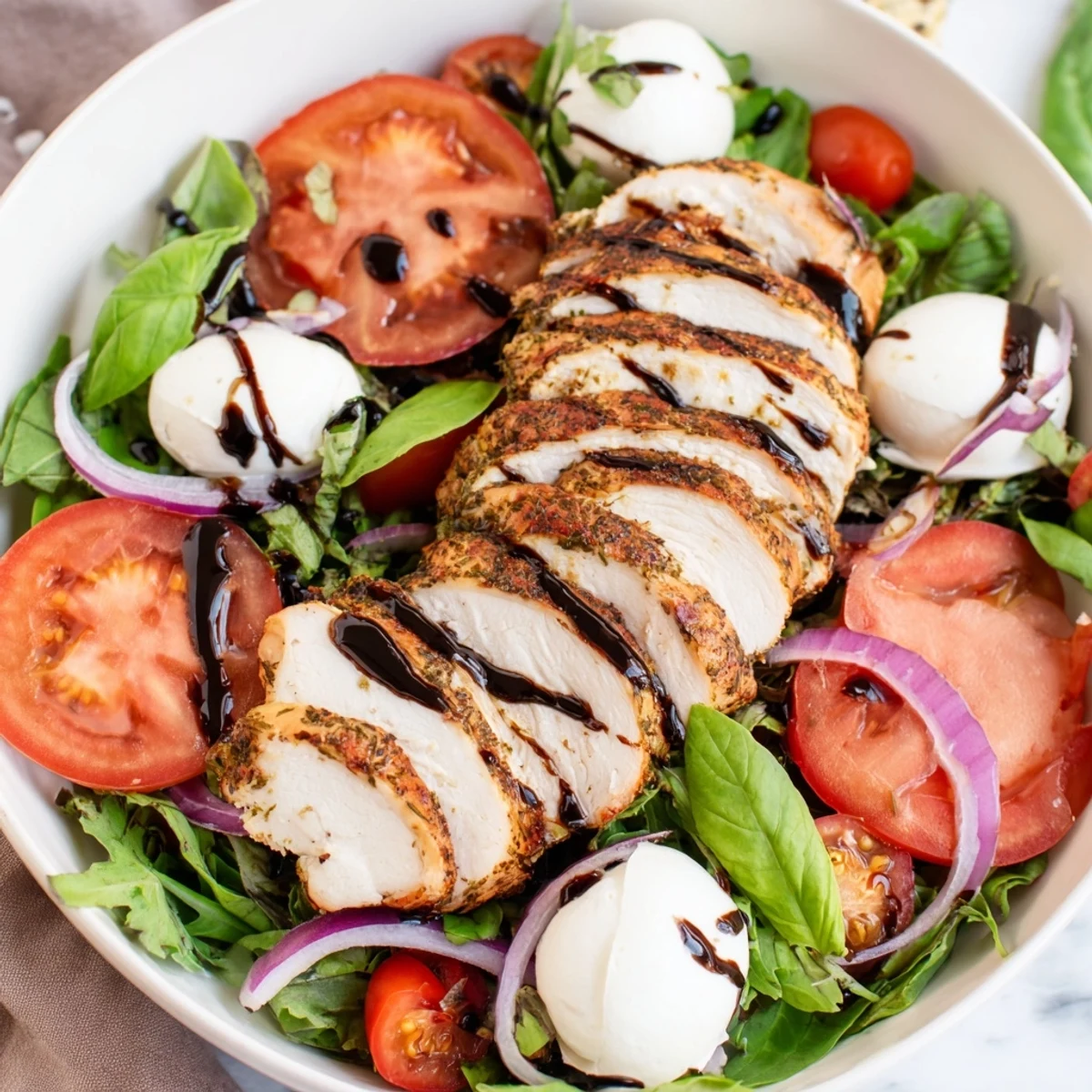Grilled Caprese Chicken Salad: Juicy chicken, mozzarella, and tomatoes drizzled with balsamic glaze.