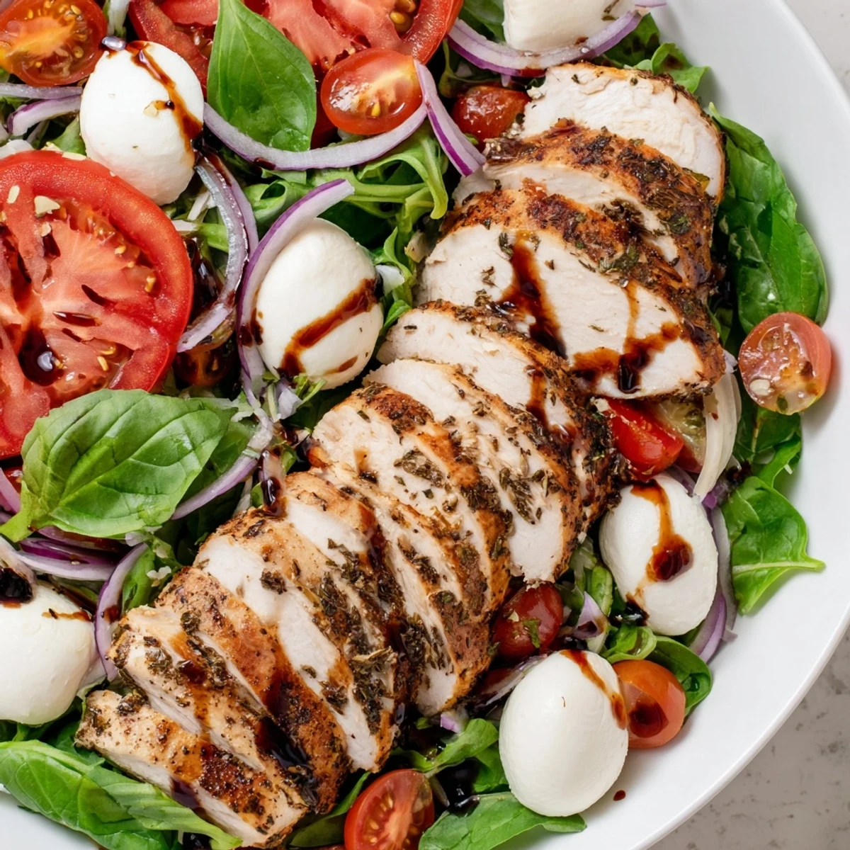 Vibrant Caprese Chicken Salad piled high, showing fresh basil with grilled chicken and tomatoes.