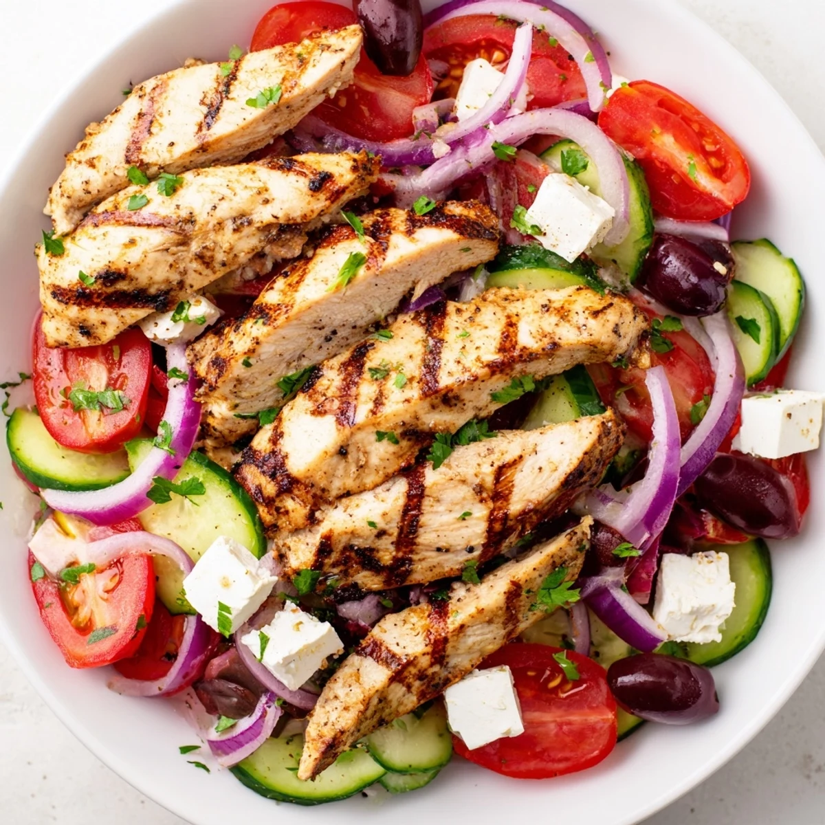 Fresh Greek salad with grilled chicken: vibrant tomatoes, tangy feta, and juicy chicken pieces.