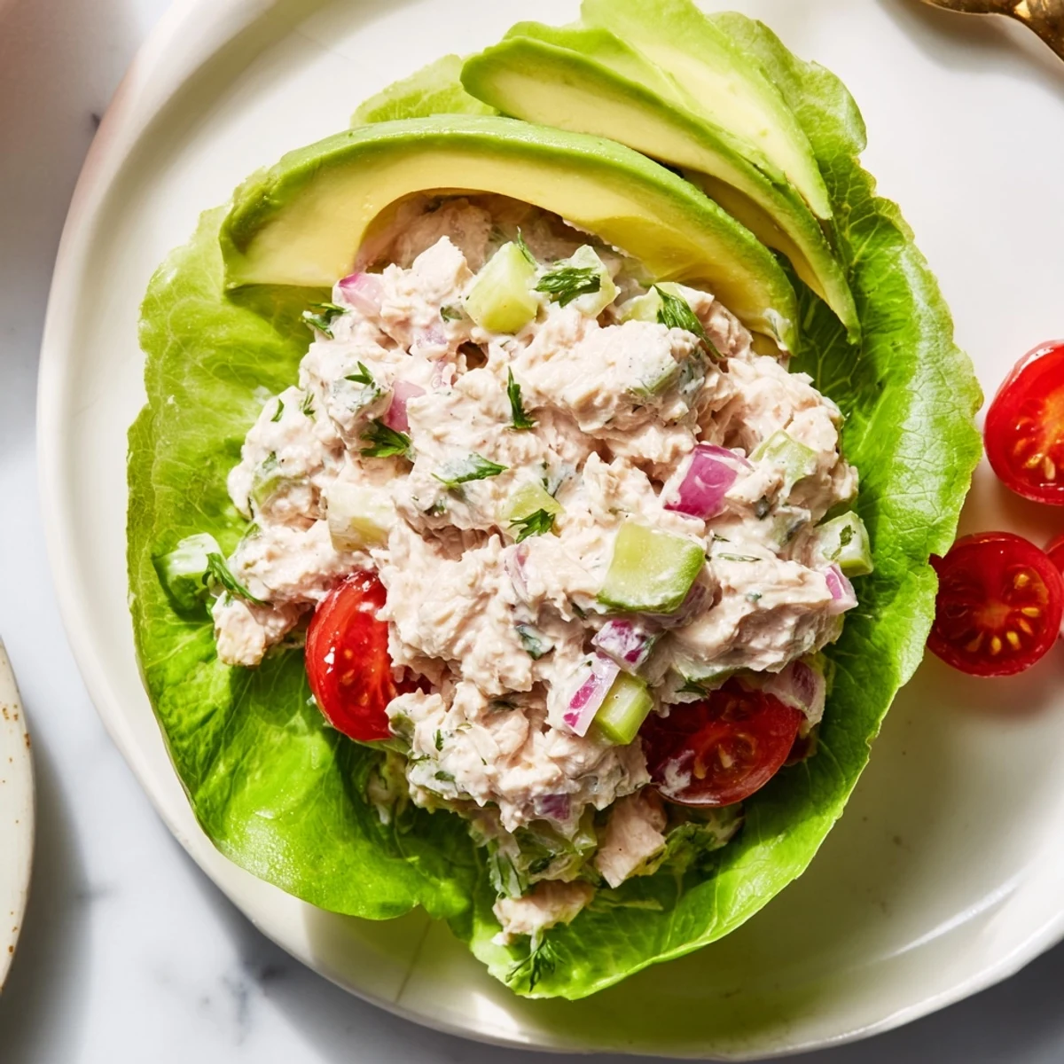 Close-up of vibrant tuna salad lettuce wraps, ready for a healthy and fresh lunch.