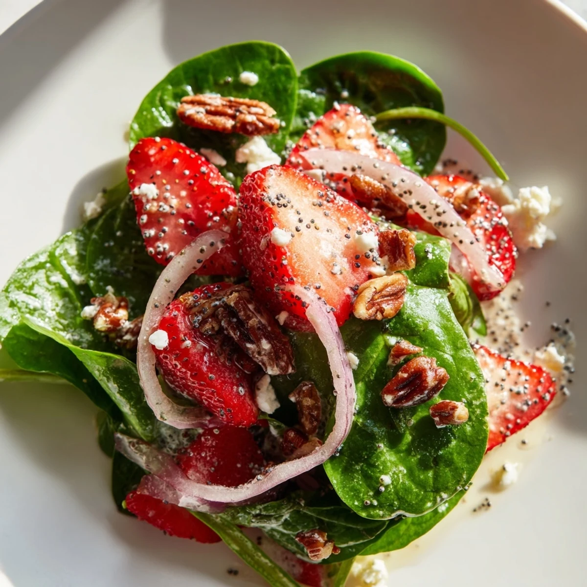Close-up of a delightful strawberry spinach salad, showcasing sweet strawberries and candied pecans.
