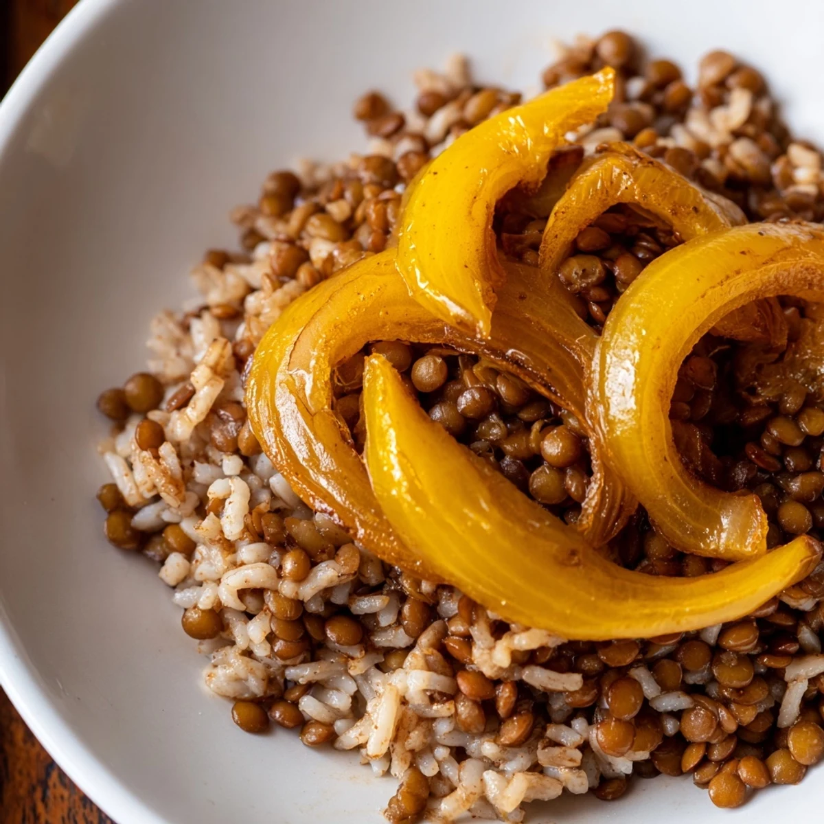 Close-up of hearty Lebanese Mjadra, lentils and rice simmered with fragrant spices, topped with caramelized onions.