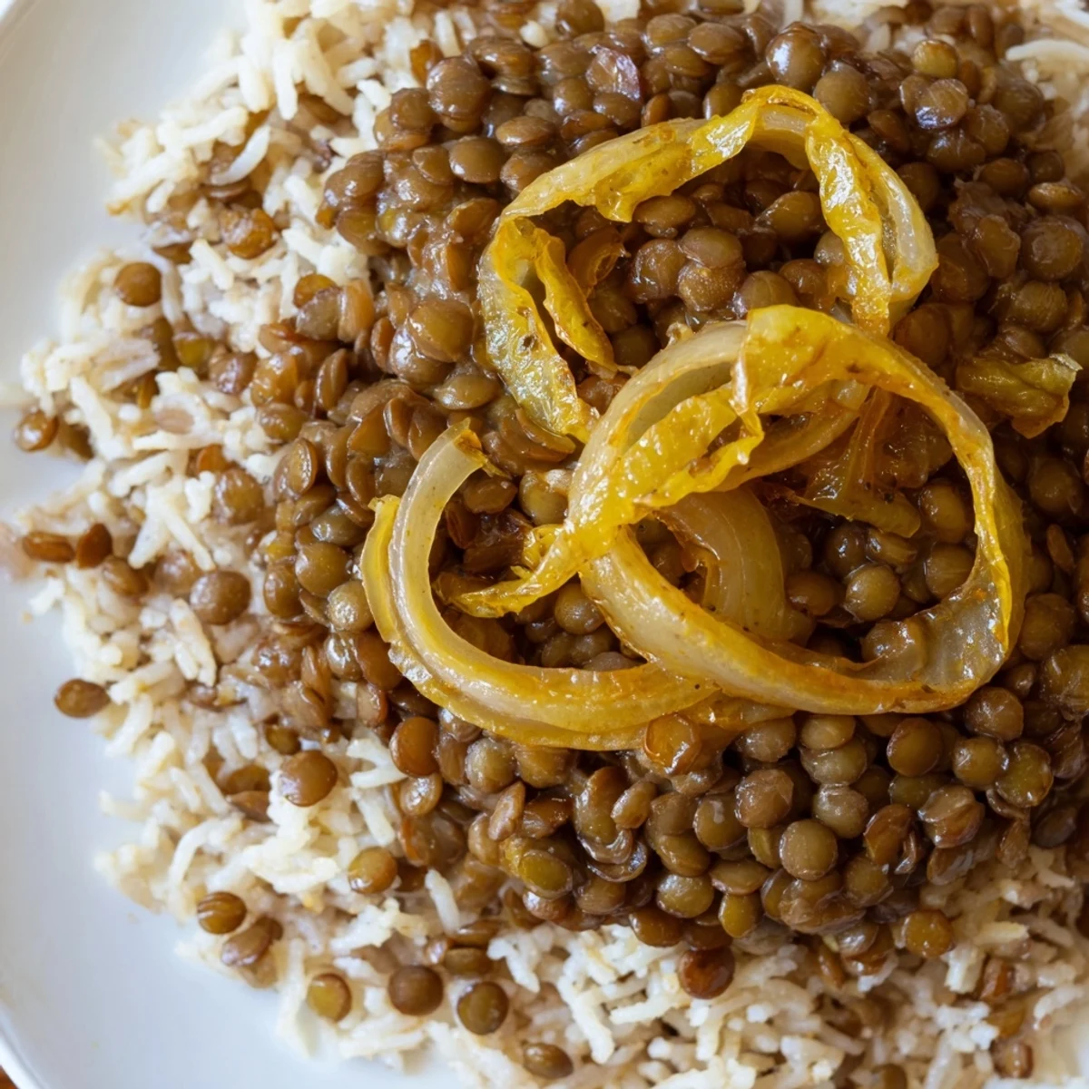 Golden crusty caramelized onions atop a steaming bowl of Lebanese Mjadra, ready to be enjoyed.