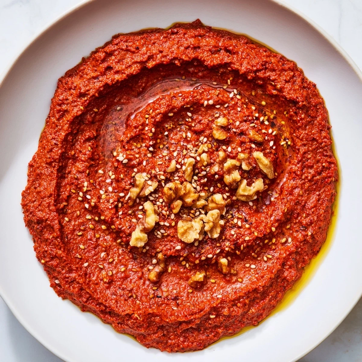 Smoky roasted red peppers and walnuts make up this delightful Muhammara appetizer, ready to serve.