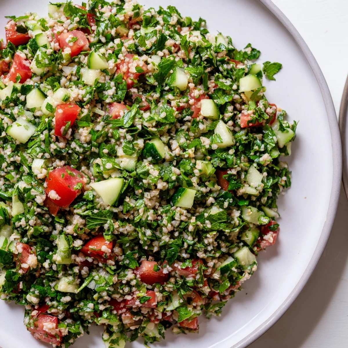 Bright, colorful Lebanese Tabbouleh Salad, a refreshing vegan dish with herbs and lemon dressing.
