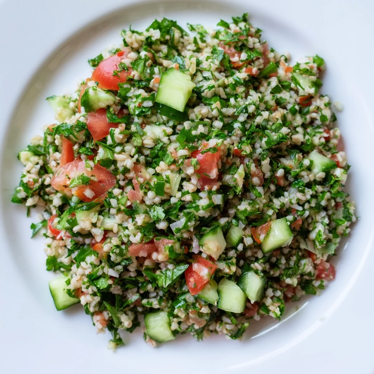 Close-up of a vibrant Lebanese Tabbouleh Salad overflowing with fresh parsley and juicy tomatoes.
