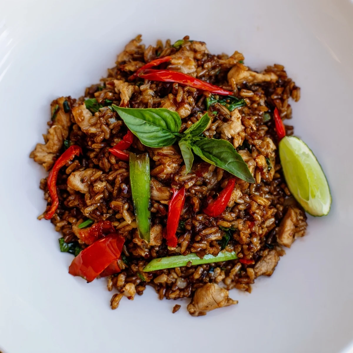 Steaming hot Thai Basil Chicken Fried Rice with vibrant chilies and fresh basil, ready to eat.