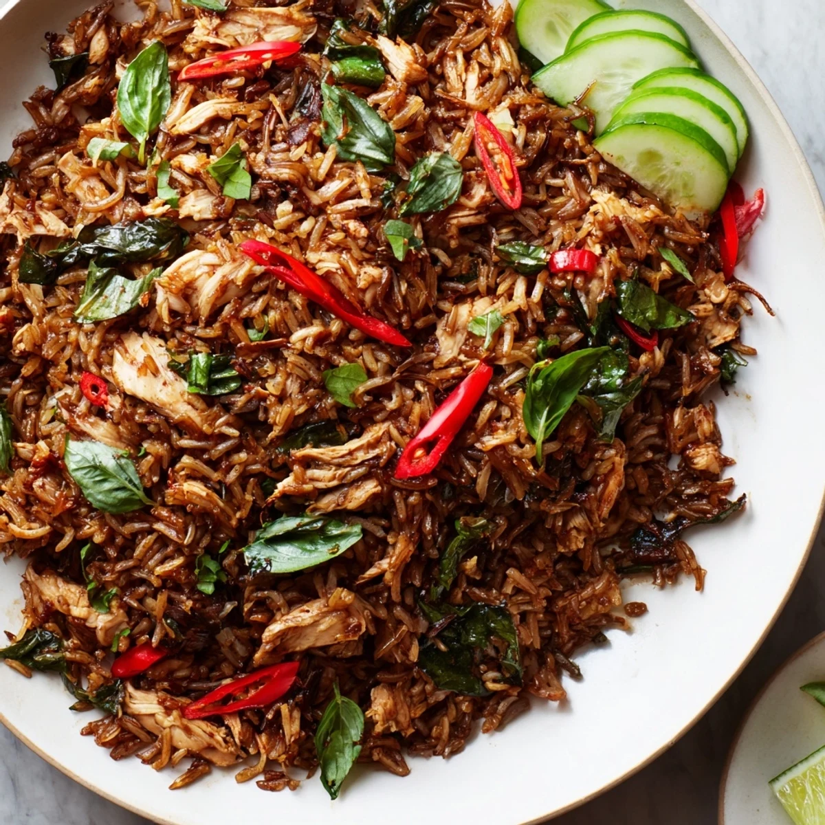 View of a delicious Thai Basil Chicken Fried Rice with tender chicken, offering savory aromas.