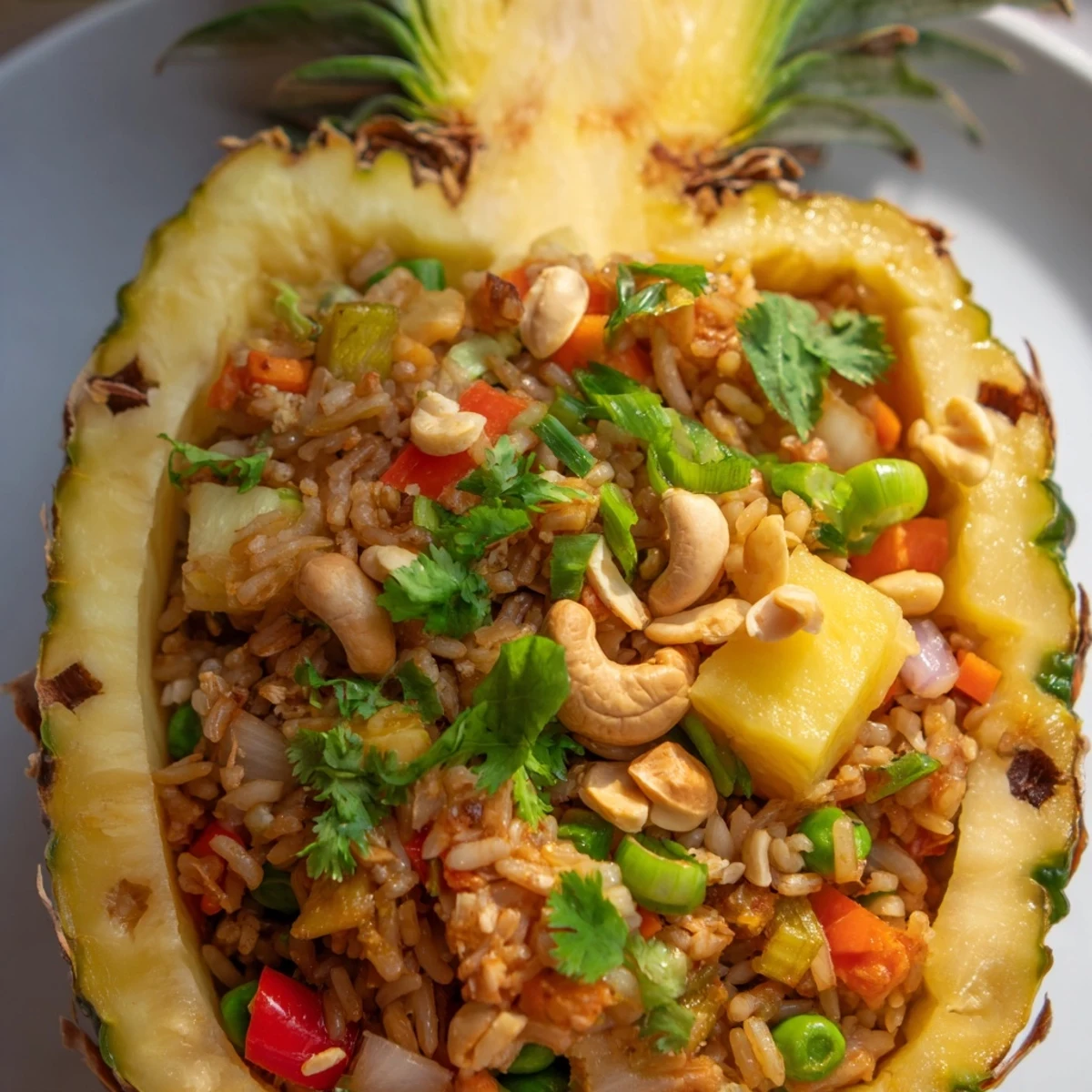 Delicious close-up of Pineapple Fried Rice bursting with flavors, including sweet pineapple and savory seasonings.