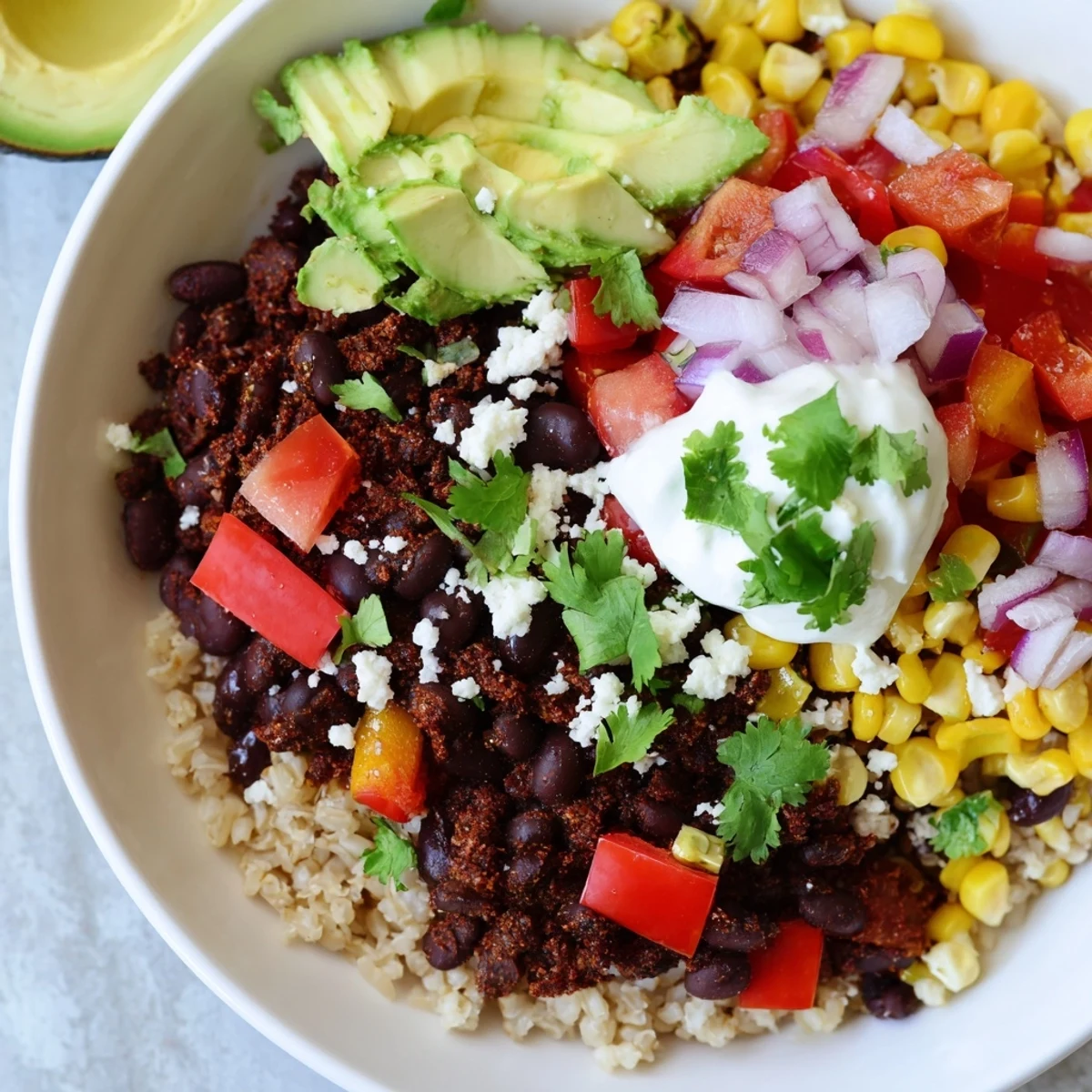 Hearty and flavorful brown rice burrito bowl: a vegetarian delight with fresh pico de gallo and avocado slices.