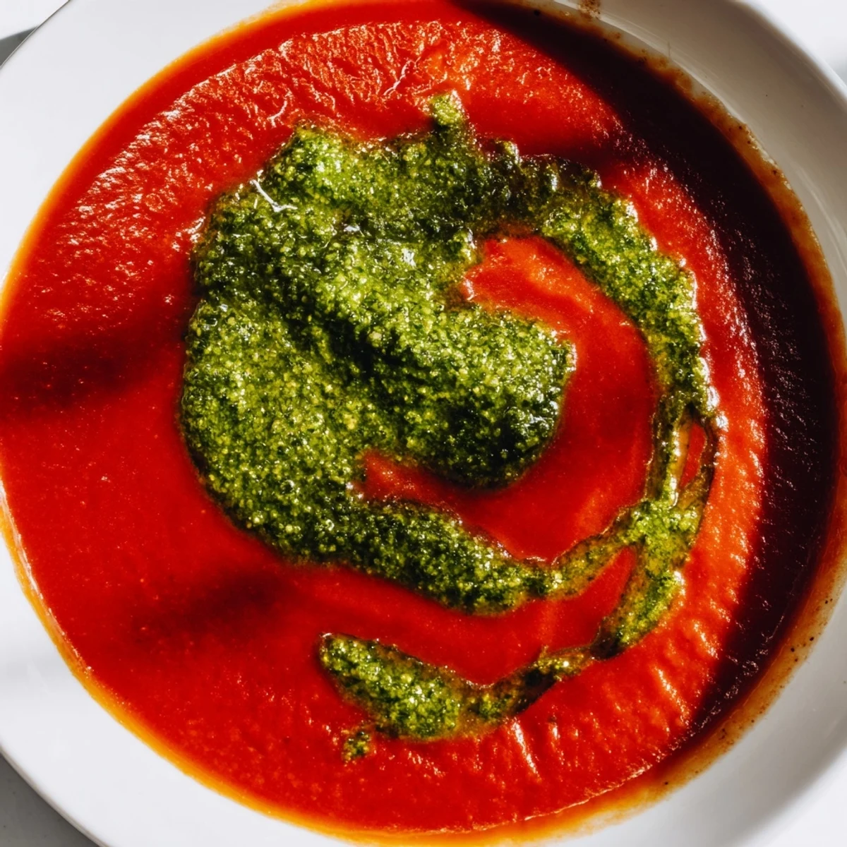 Tomato Soup with Basil Pesto Swirl served in a rustic ceramic bowl, with a drizzle of pesto over velvety soup.  