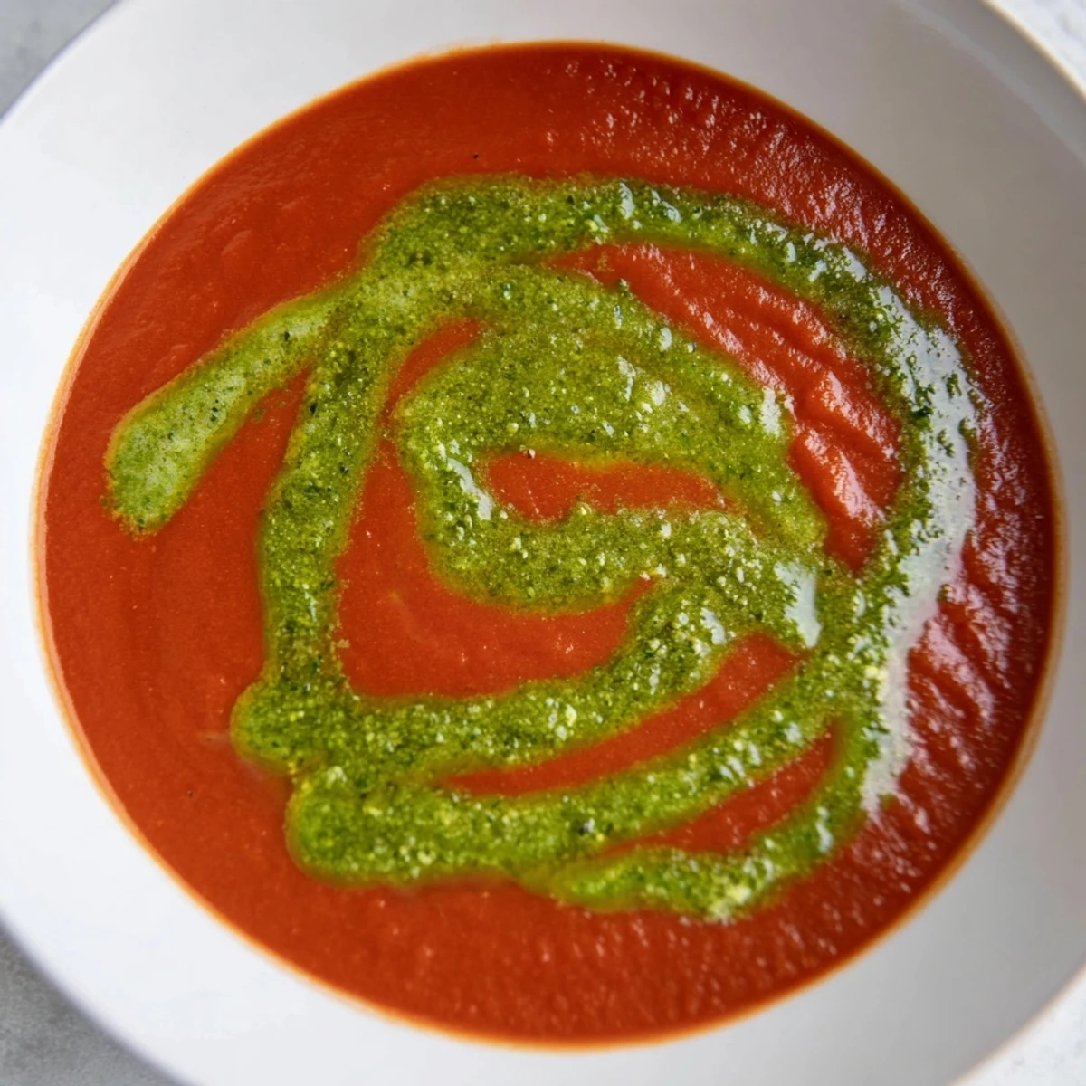 A close-up of creamy red tomato soup in a white bowl, garnished with a vibrant swirl of homemade basil pesto and fresh basil leaves.  