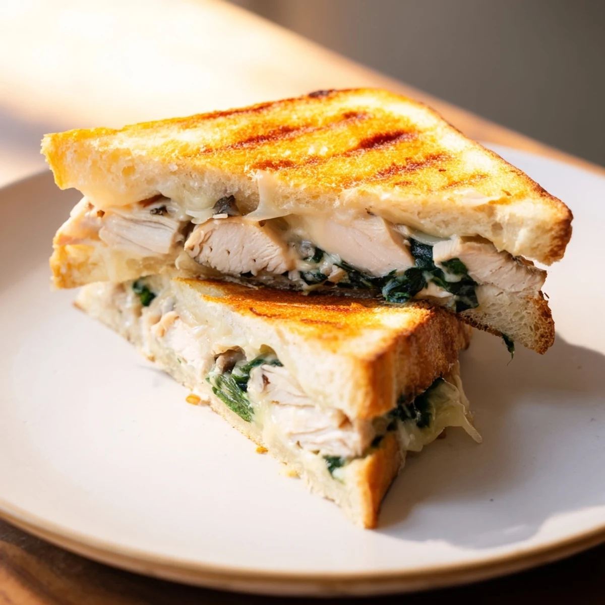Grilled Chicken Spinach Panini with golden, crusty bread and melted mozzarella, served warm with a side of tomato soup.