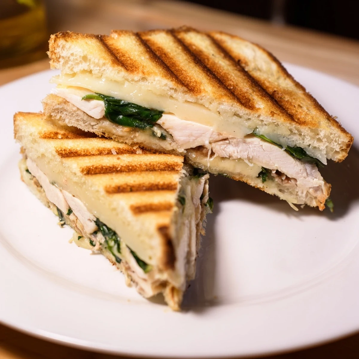 A close-up of a Grilled Chicken Spinach Panini, revealing layers of juicy chicken, vibrant spinach, and melty Parmesan on buttery bread.