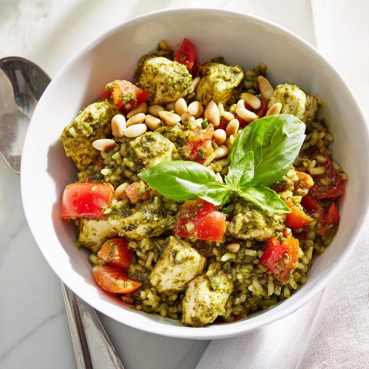Savor this Chicken Pesto Rice Bowl with juicy tomato chunks and a sprinkle of Parmesan cheese.
