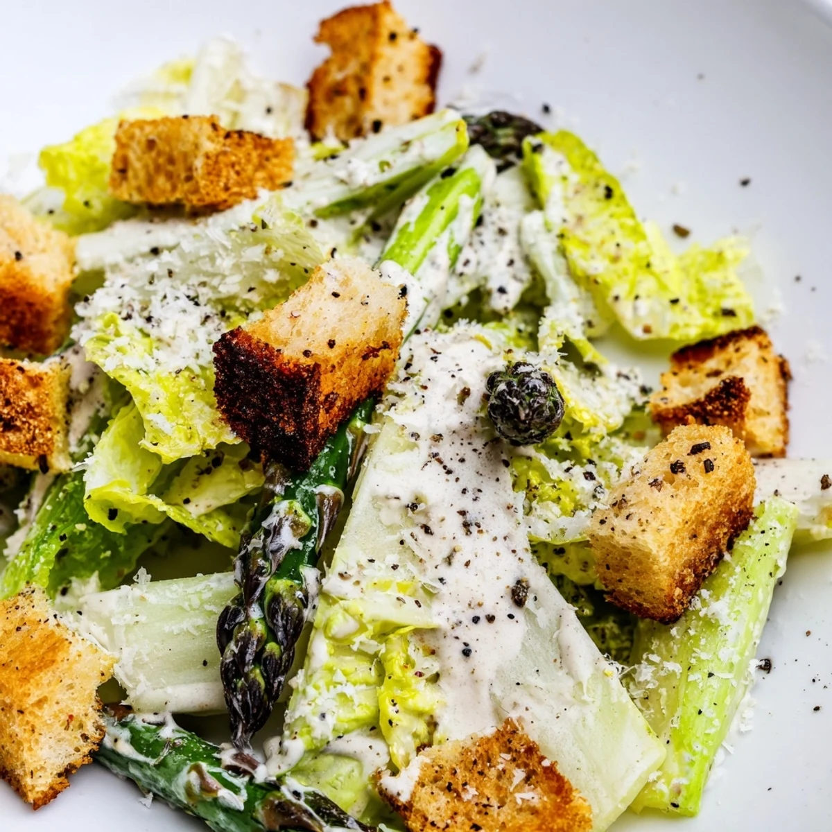 Crisp romaine lettuce topped with golden roasted asparagus spears, crunchy homemade croutons, and a tangy yogurt Caesar dressing.