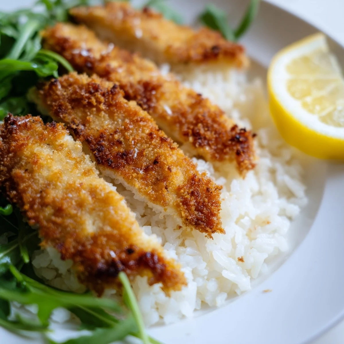 Tender Crispy Parmesan Chicken Cutlet Bowl featuring crunchy breaded chicken strips and a squeeze of fresh lemon.