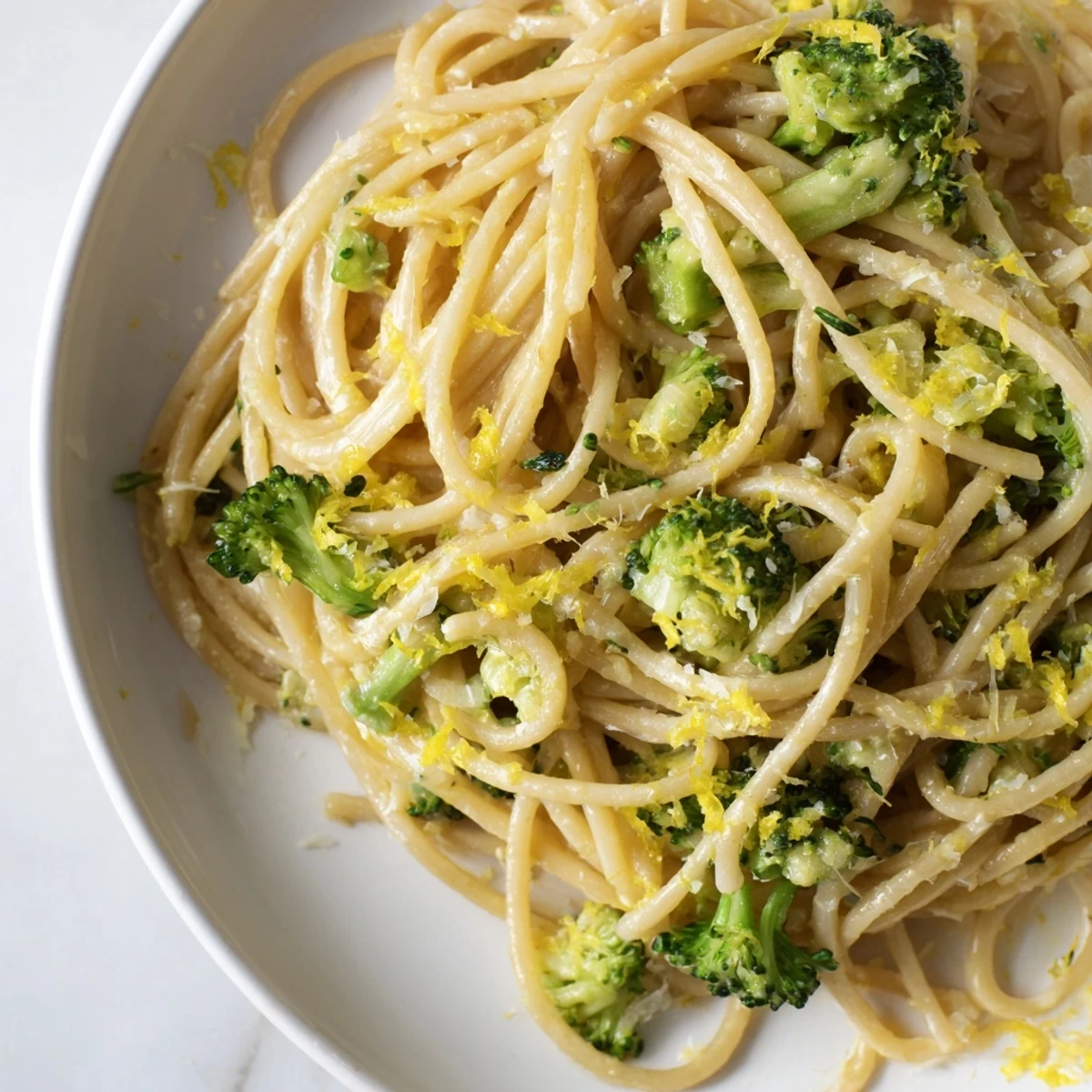 A bright bowl of One-Pot Lemon Broccoli Pasta with fresh green florets and grated Parmesan, ready to serve.