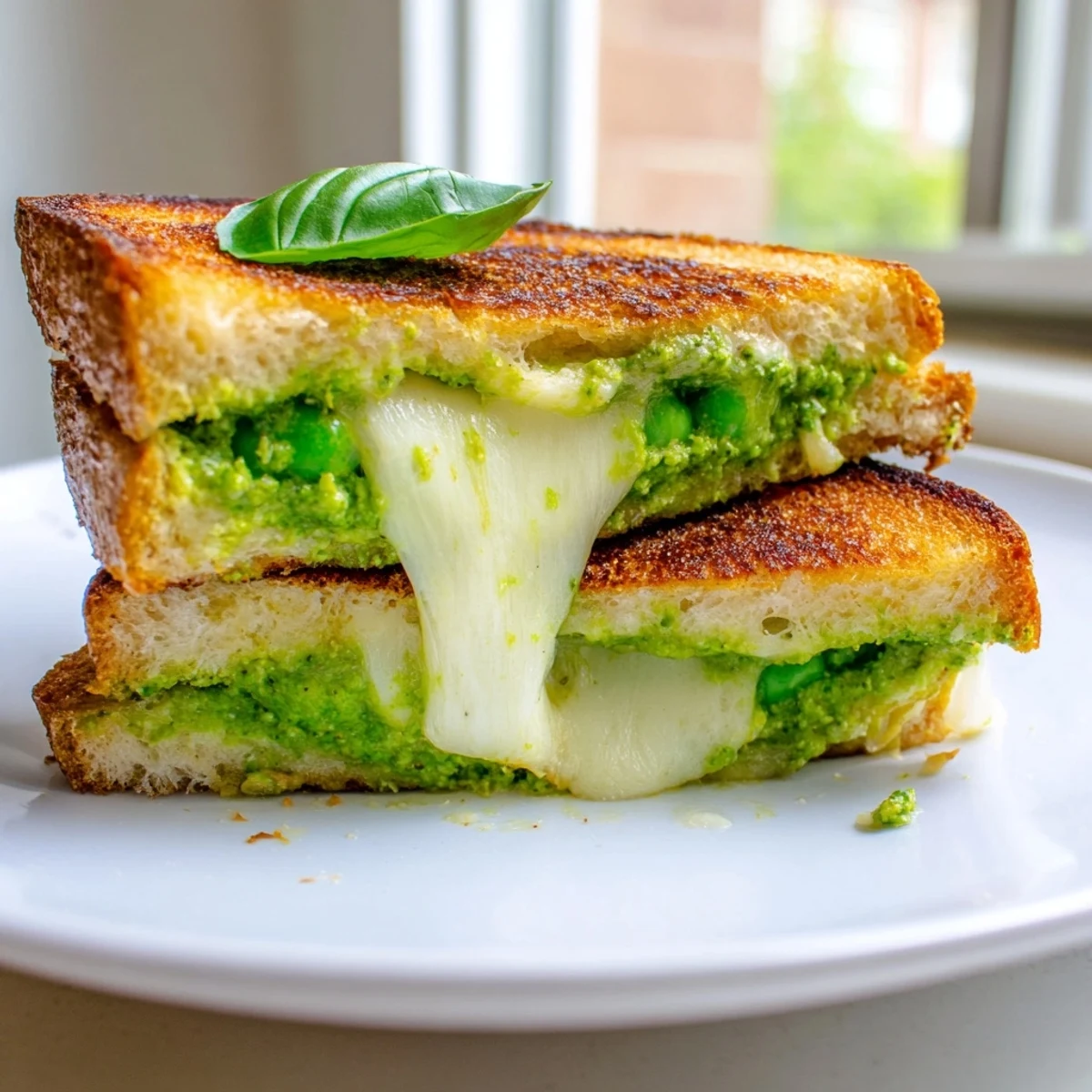 A close-up of a golden, grilled sourdough sandwich stuffed with vibrant green spring pea pesto and melted mozzarella, perfect for a spring lunch.
