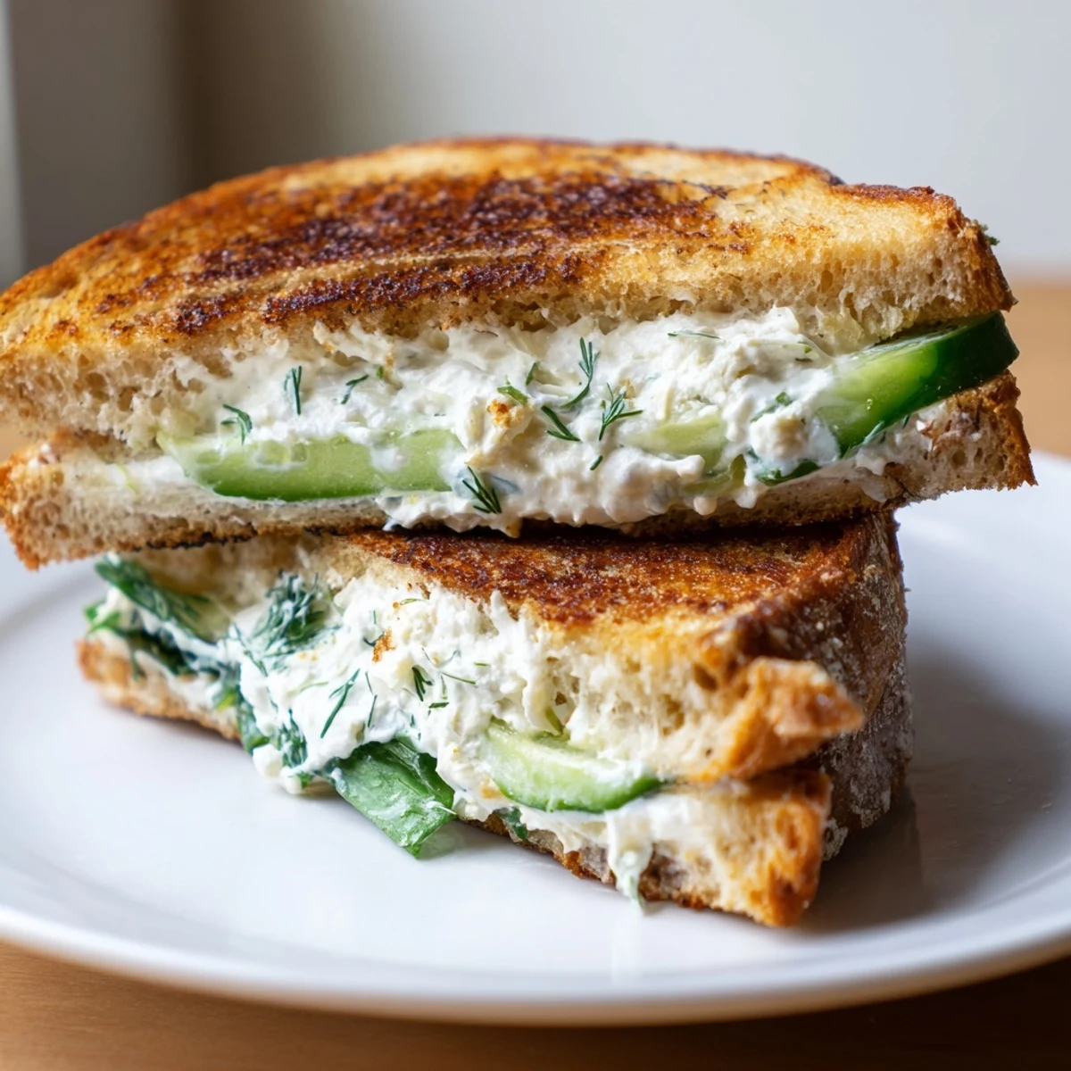 Golden-brown grilled cheese slices showcasing creamy whipped feta and dill spread, ready to serve for a bright spring lunch.  