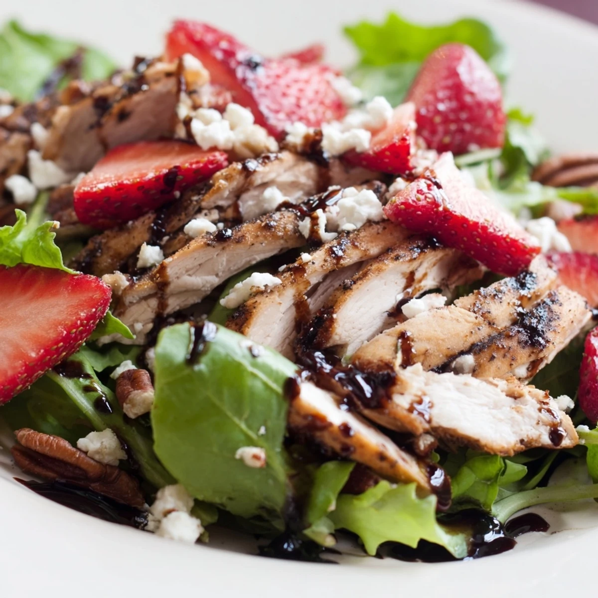 Grilled chicken slices and sliced strawberries top a bed of mixed greens in this Strawberry Balsamic Chicken Salad.
