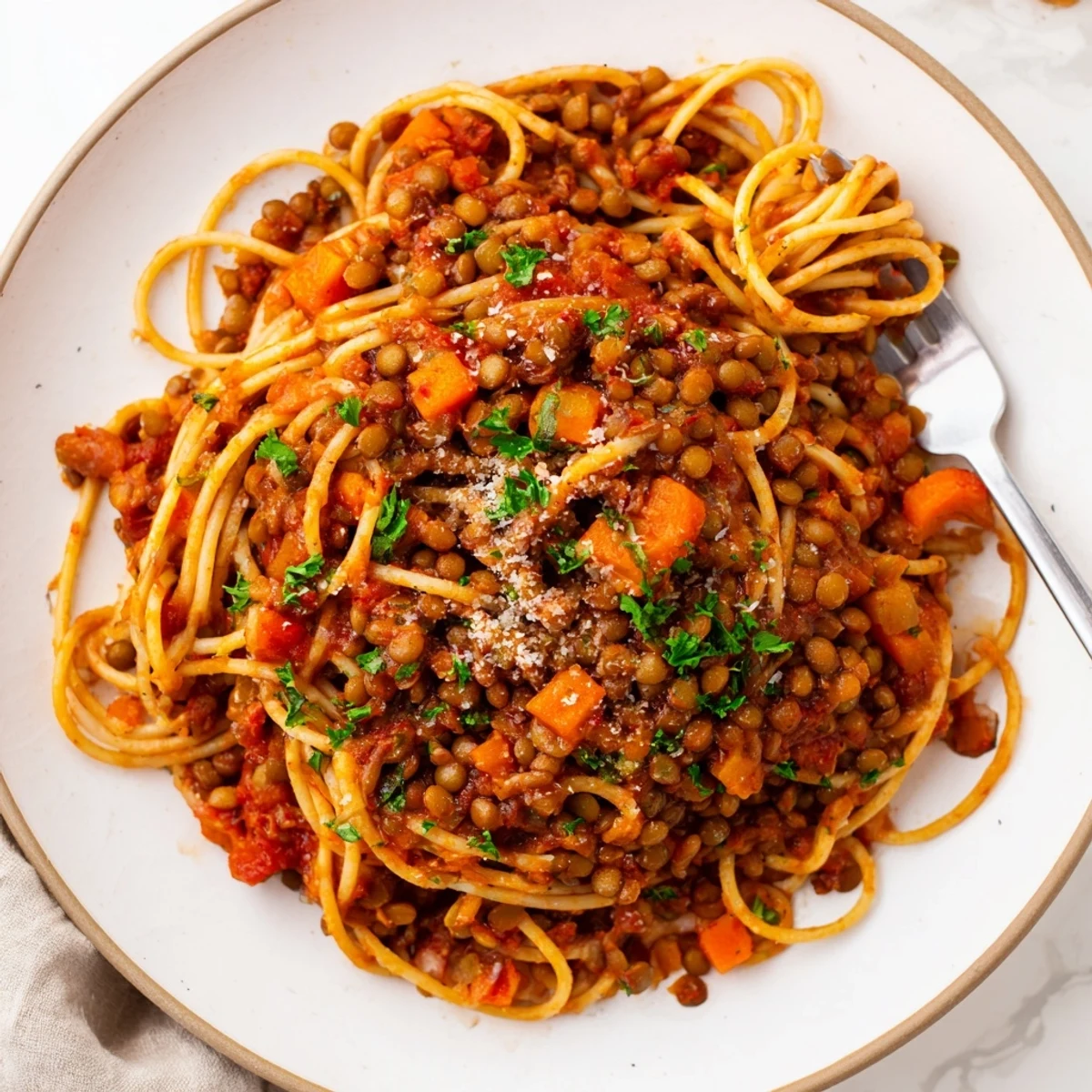 A close-up of steaming Lentil Bolognese sauce generously coating al dente spaghetti, garnished with fresh basil.