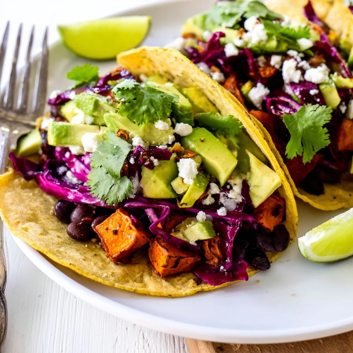 Hearty vegan Black Bean and Sweet Potato Tacos with lime wedges, shredded cabbage, and vibrant corn tortillas.
