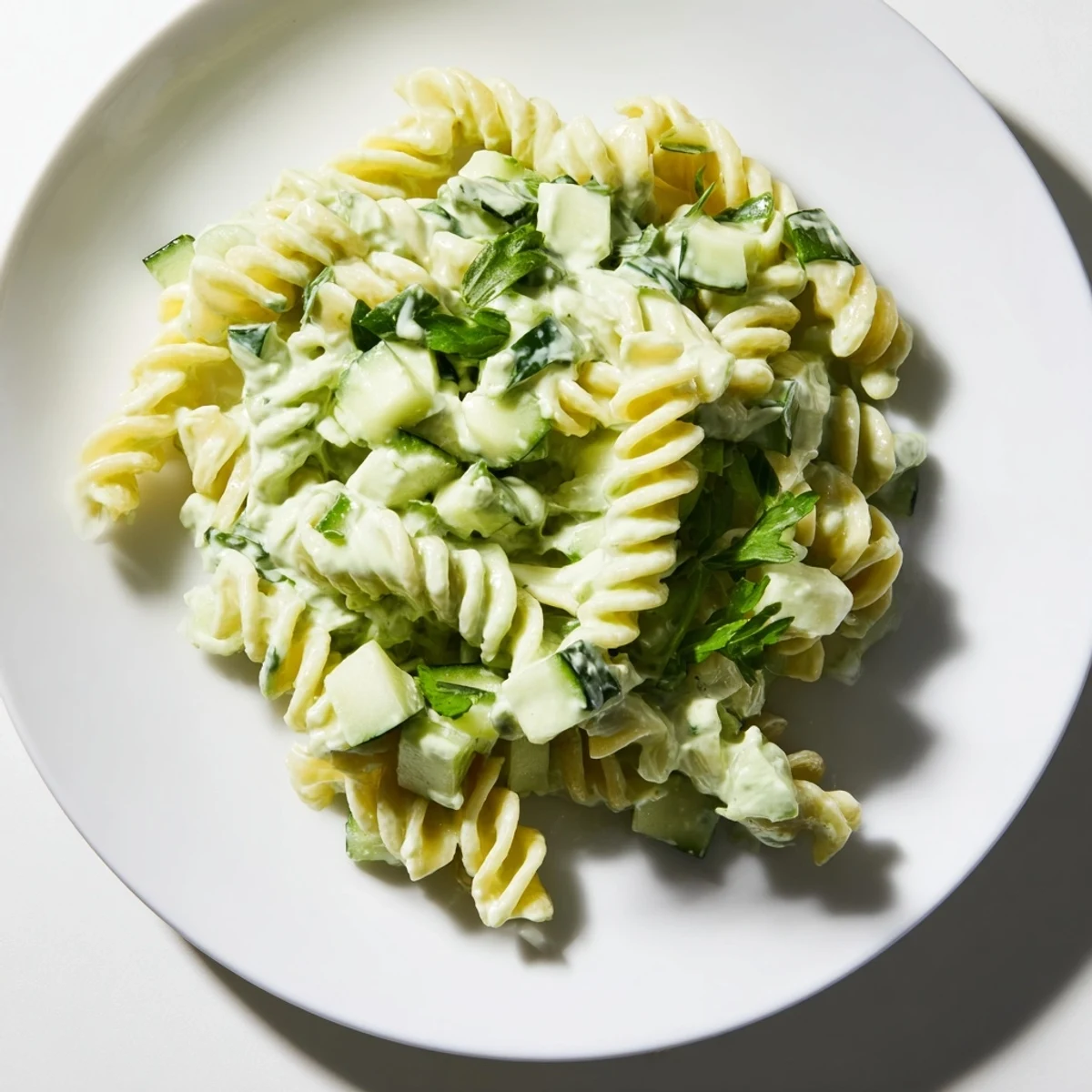 A bowl of fresh Green Goddess Pasta Salad, featuring twisted fusilli pasta tossed with diced cucumber and creamy avocado-yogurt dressing.