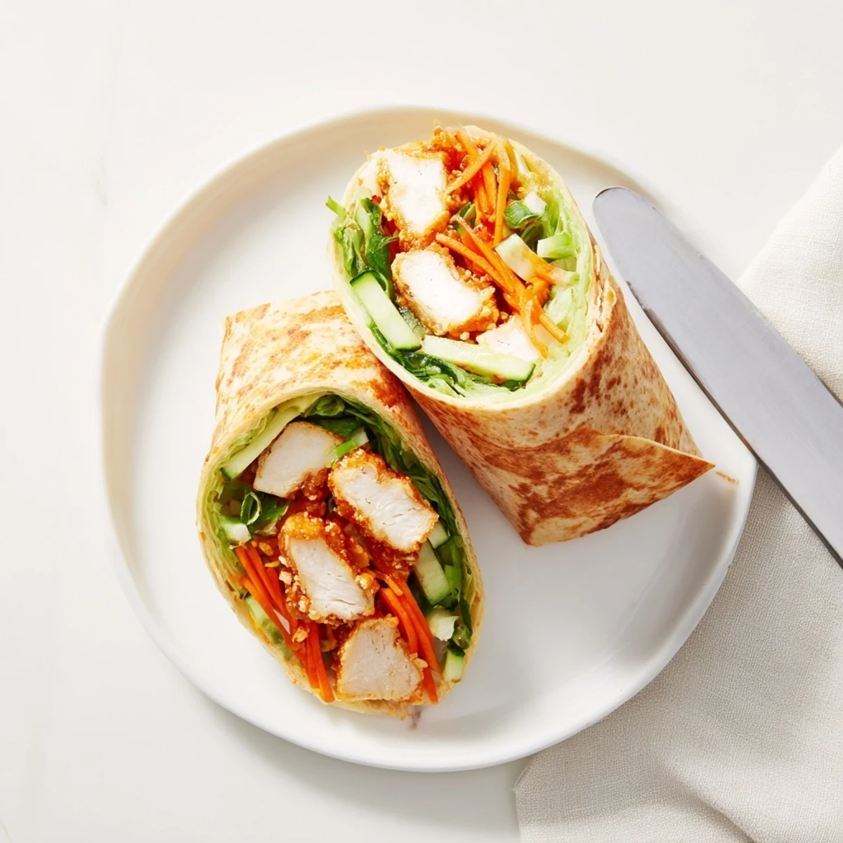 Freshly prepared Honey Chili Crunch Chicken Wrap with pan-seared chicken, vibrant lettuce, and crunchy vegetables in a soft flour tortilla.  