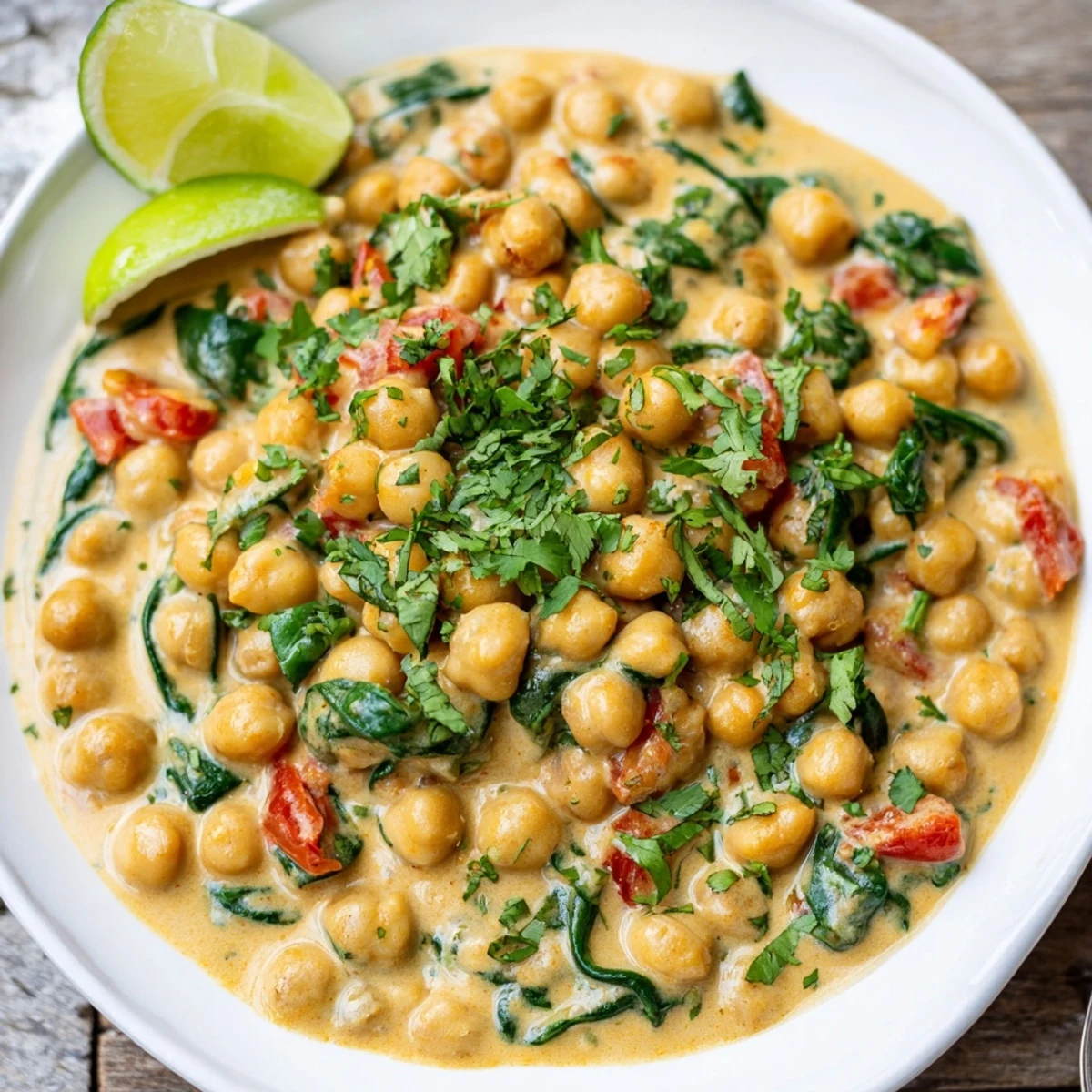 Close-up of Chickpea Curry garnished with cilantro and lime, served over fluffy basmati rice for a comforting meal.
