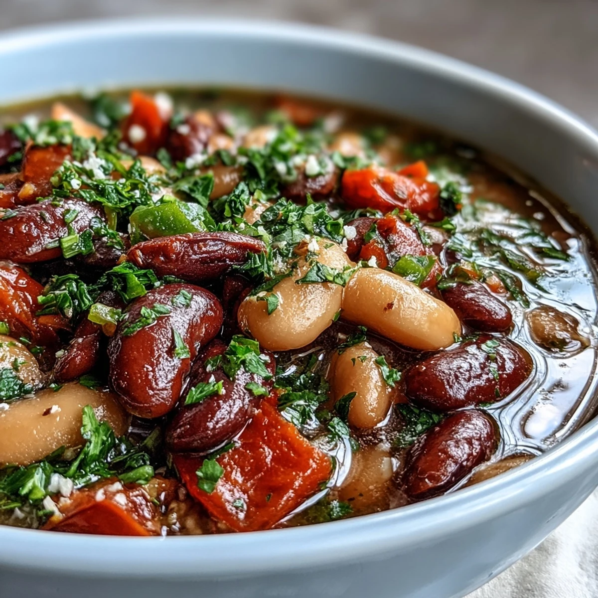 A close-up of vibrant Three-Bean Salad Soup in a rustic bowl, garnished with fresh parsley. Steam gently rises from the colorful mix of kidney, cannellini, and green beans with diced red bell pepper.