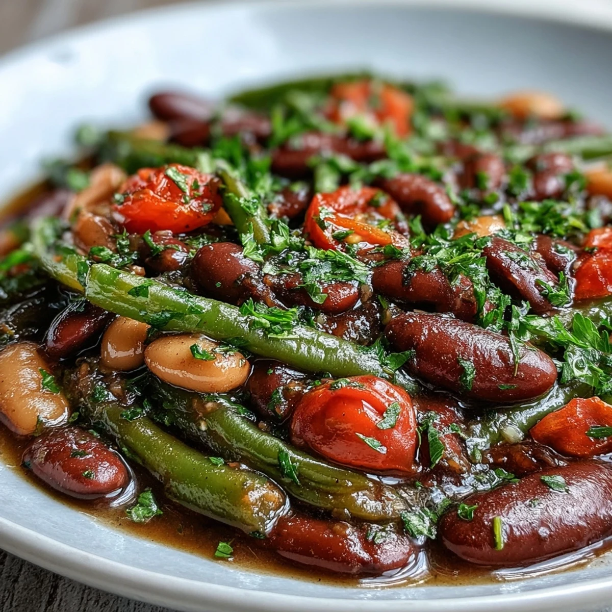 Overhead view of Three-Bean Salad Soup in a white bowl, surrounded by fresh ingredients. The soup features a rich, tangy vegetable broth filled with beans and chopped celery, ideal for a healthy lunch.