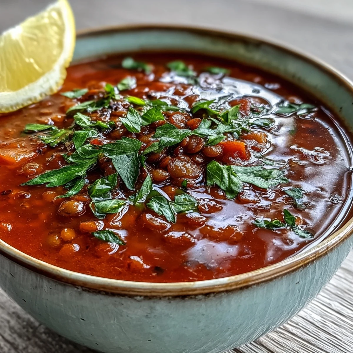 Steaming bowl of tomato lentil soup garnished with fresh parsley, served with crusty bread for dipping.
