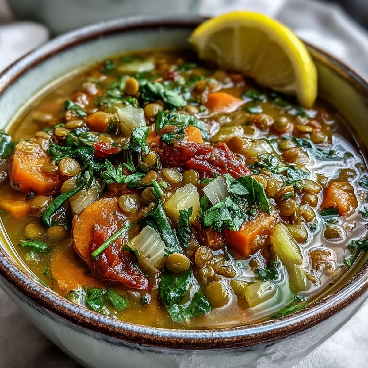 Vibrant orange and green Mung Bean Soup steaming in a white ceramic bowl, garnished with fresh cilantro. 