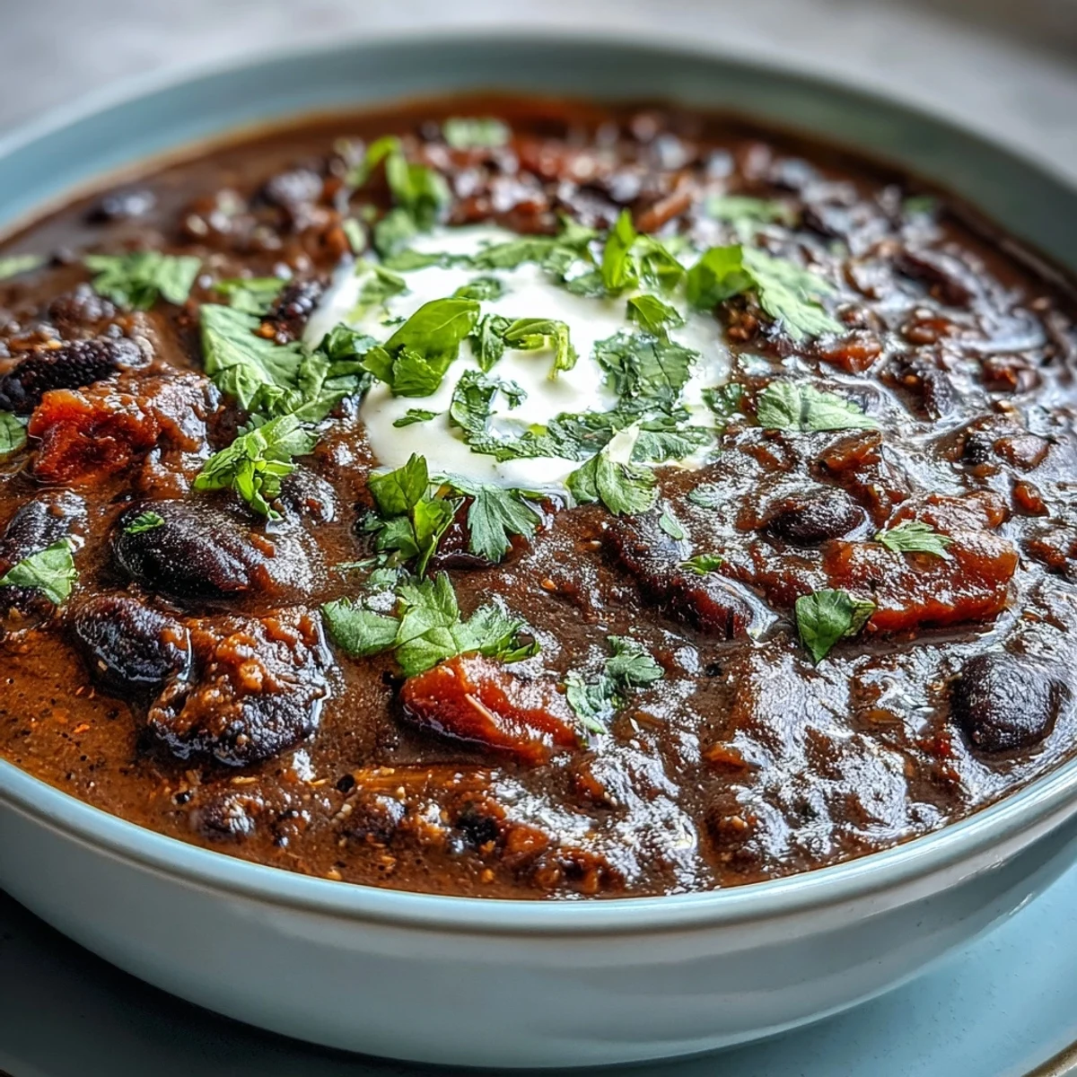 Creamy Black Bean Soup served hot in a white bowl, garnished with fresh cilantro, avocado, and a lime wedge.