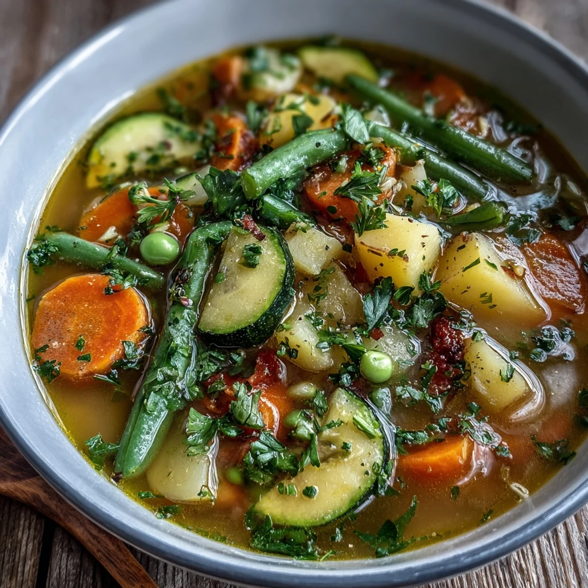 Steaming bowl of Potato and Vegetable Soup with diced potatoes, carrots, and peas.