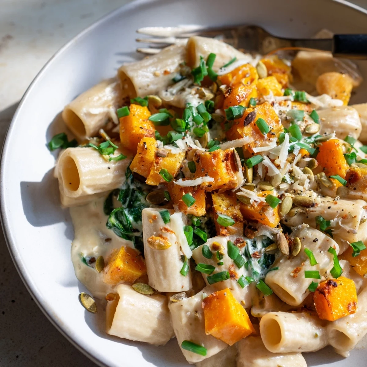 Delicious creamy miso fall pasta dish showcasing roasted squash and vibrant spinach.  