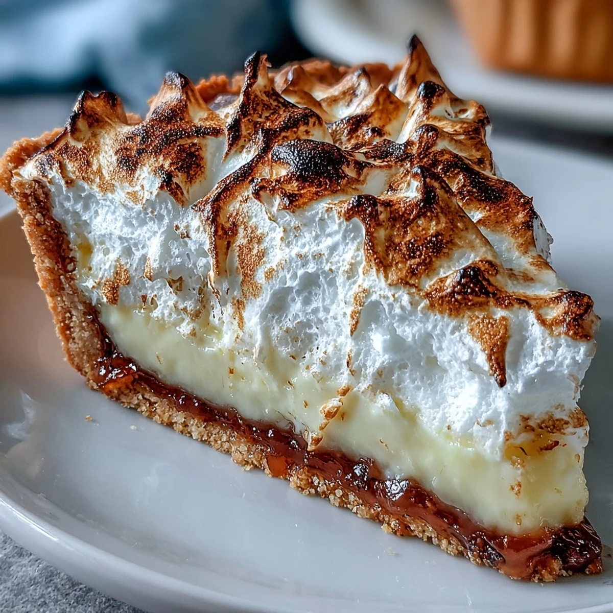 A slice of classic Lemon Meringue Pie features golden-brown toasted meringue and tangy yellow filling on a crisp crust.