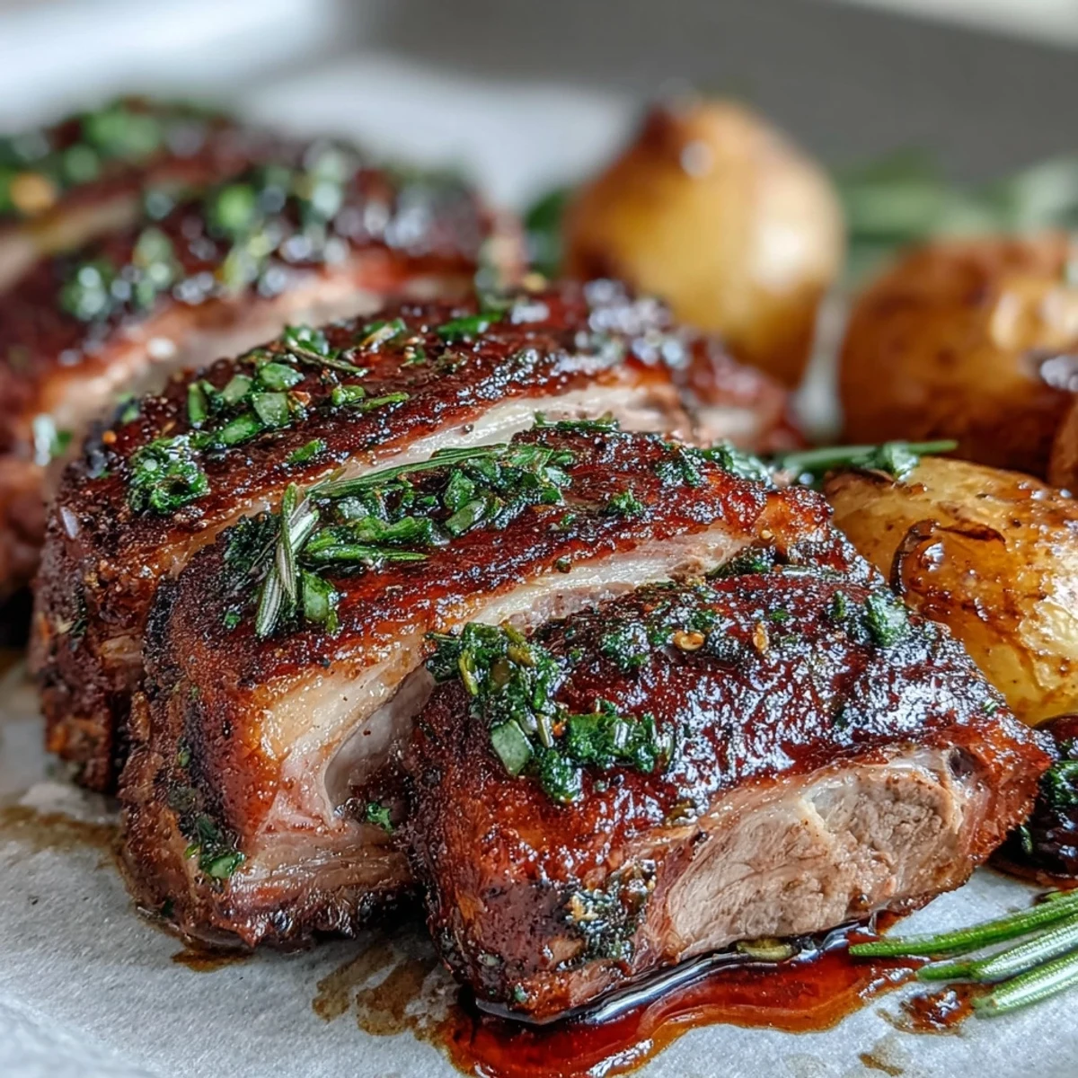 Succulent one-pan roast rack of lamb rests beside golden potatoes studded with chopped green olives and fresh parsley.