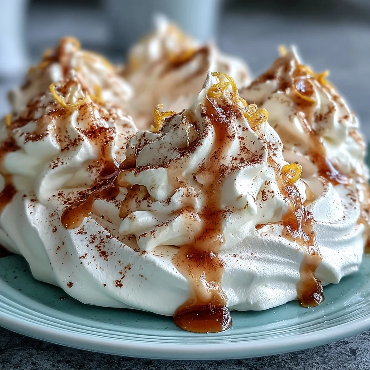 Spiced pear Mini Hot Toddy Pavlovas served with whisky cream syrup on a rustic plate.