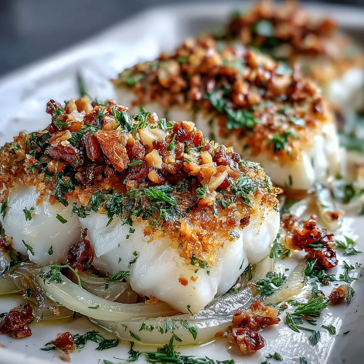 Freshly baked halibut fillet garnished with vibrant green parsley, walnuts, and zesty lemon zest toppings.