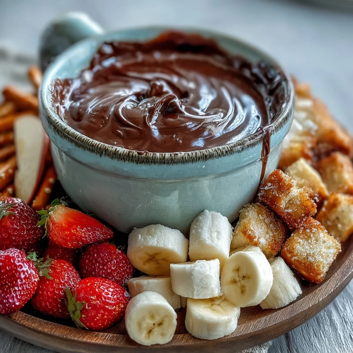 Decadent boozy chocolate fondue served with assorted fruits and dippers for a cozy party dessert.
