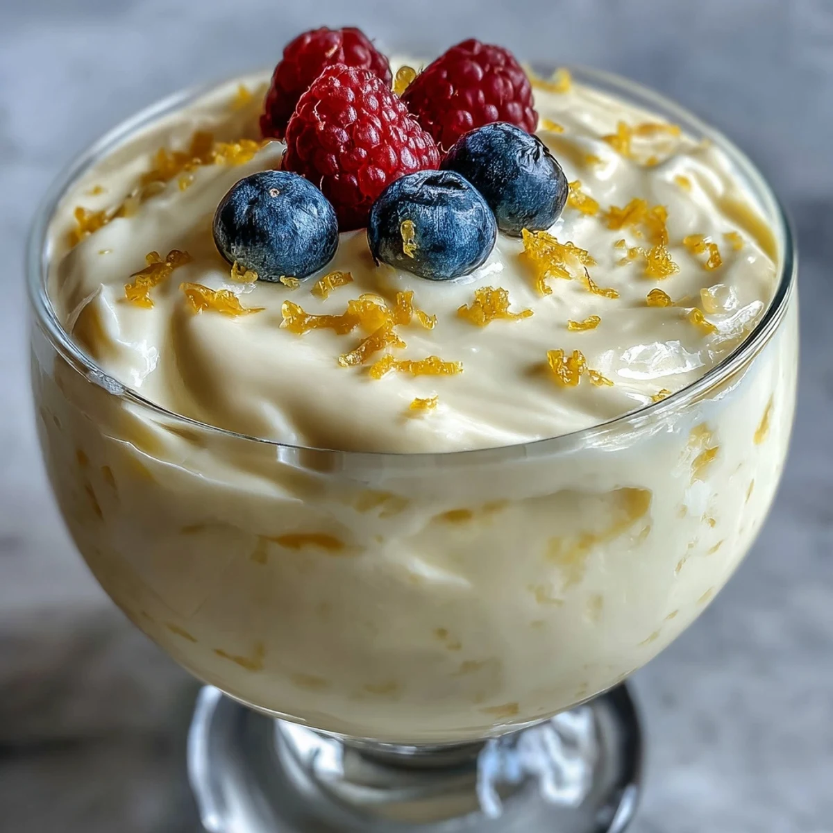 Bright, tangy Lemon Fool layered in a clear glass with fluffy whipped cream and a sprinkle of fresh lemon zest, ready to serve.  