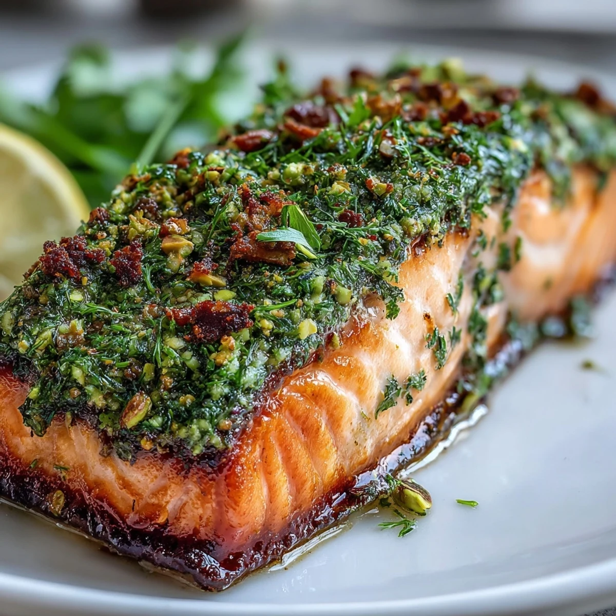 Golden confit salmon fillets with a vibrant green tahini, pistachio, and herb crust on a plate.