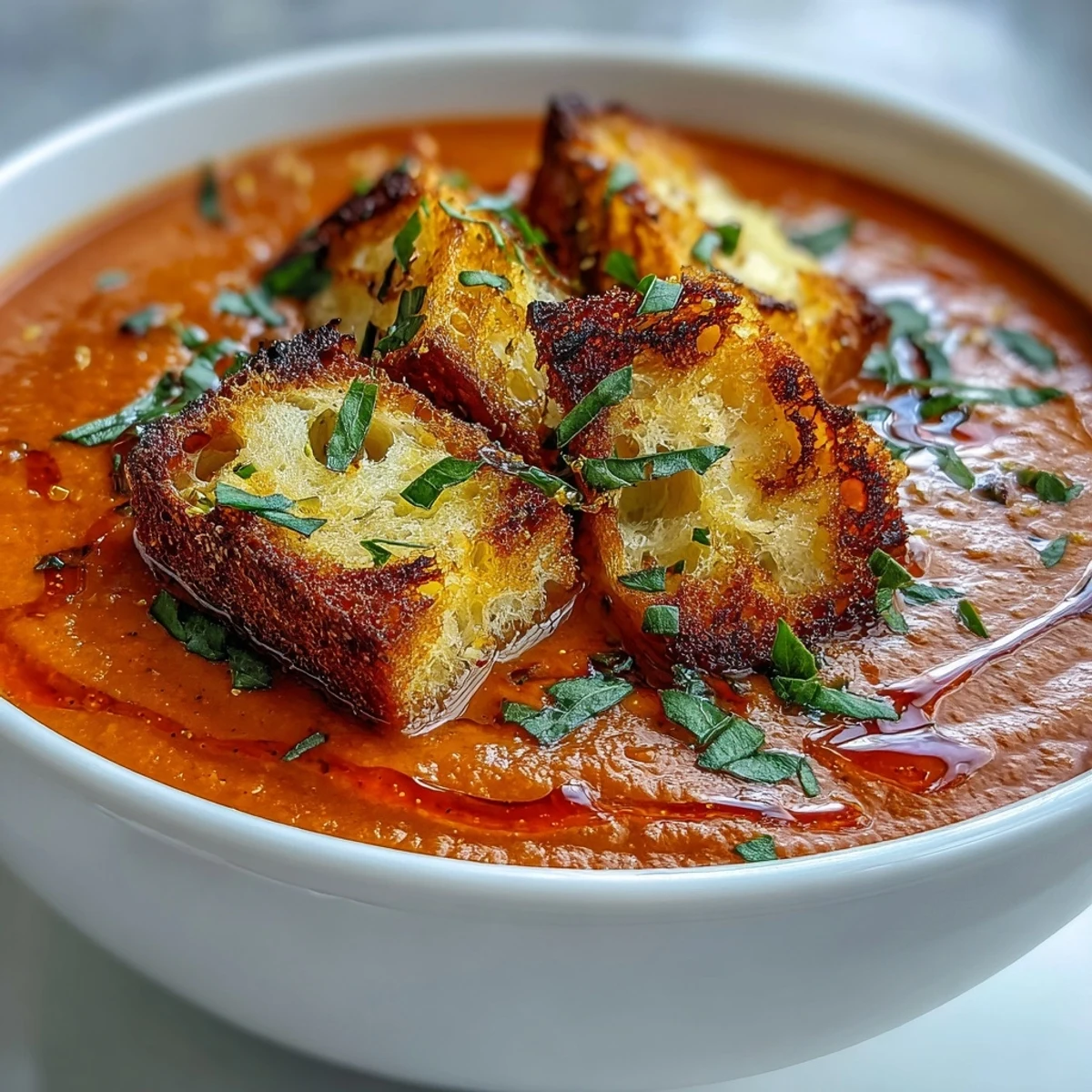 A close-up of Roasted Red Pepper Soup With Crispy Croutons garnished with fresh herbs and cracked black pepper. 