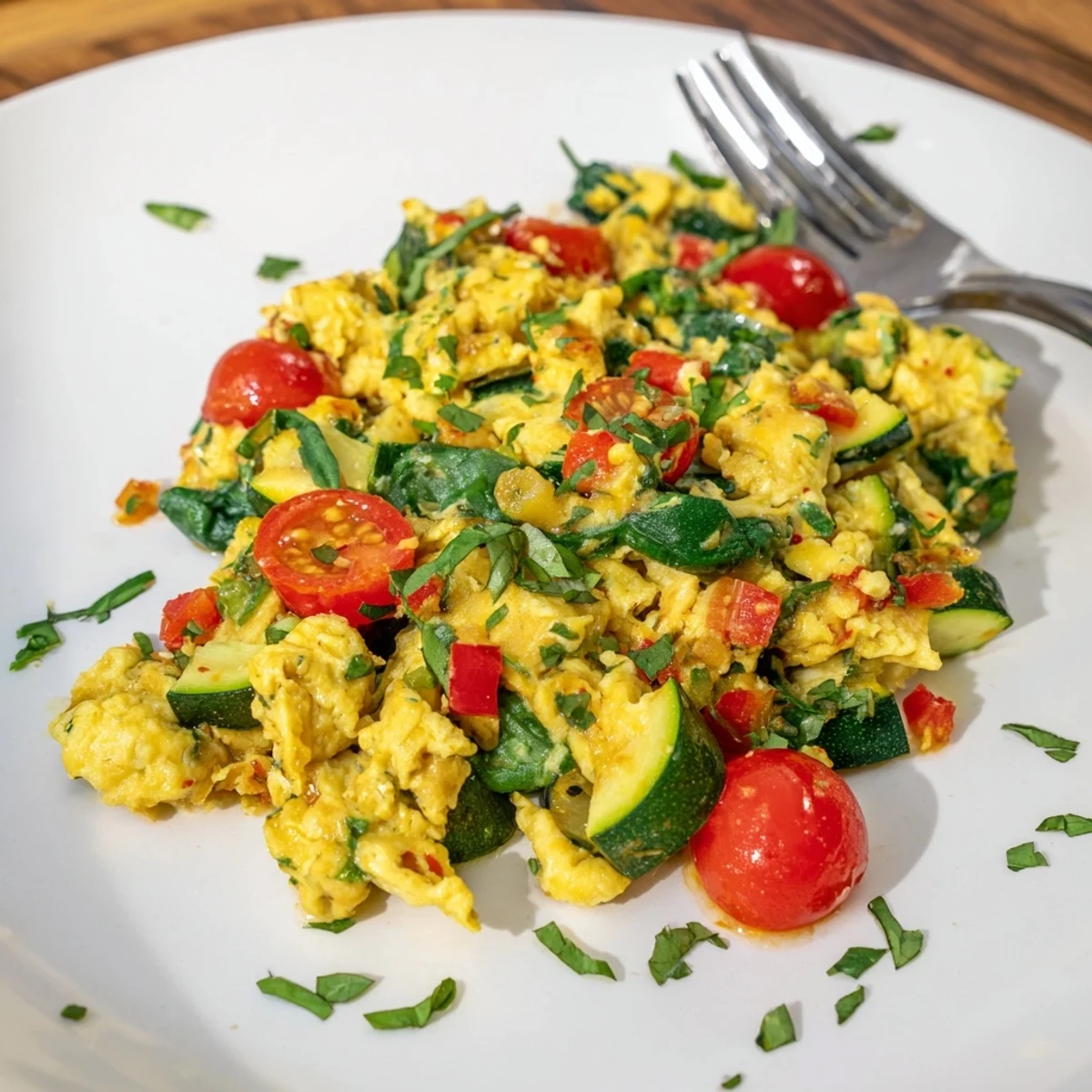 A close-up of the vibrant egg and vegetable scramble, featuring fluffy yellow eggs mixed with red cherry tomatoes, green spinach, and diced red bell pepper on a white plate.  