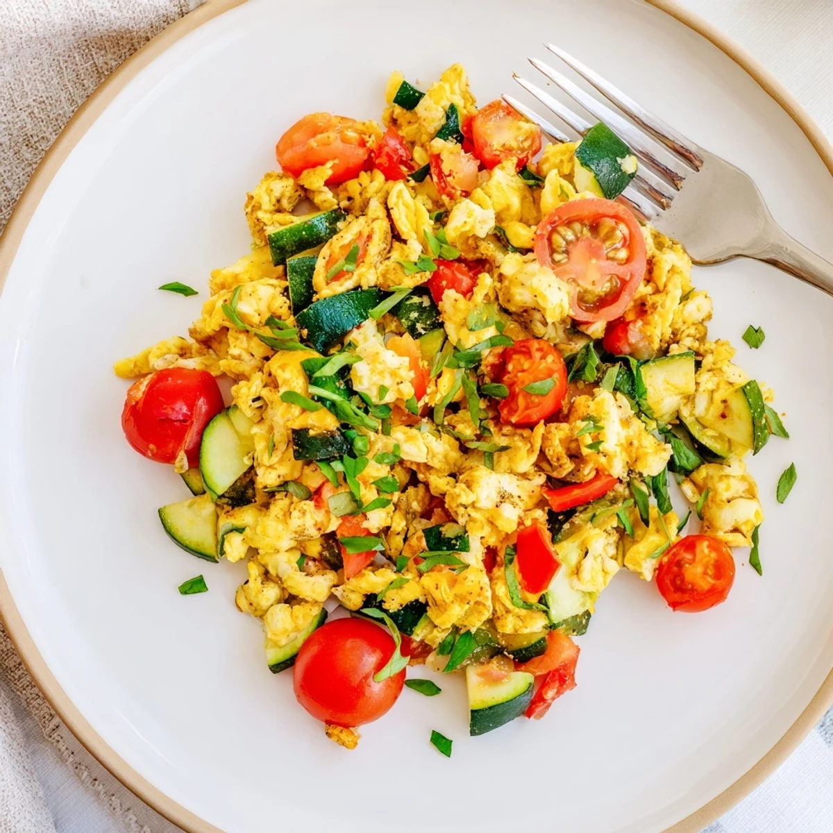 Light and fluffy egg and vegetable scramble garnished with fresh parsley, showcasing colorful zucchini and red onion in a non-stick skillet.